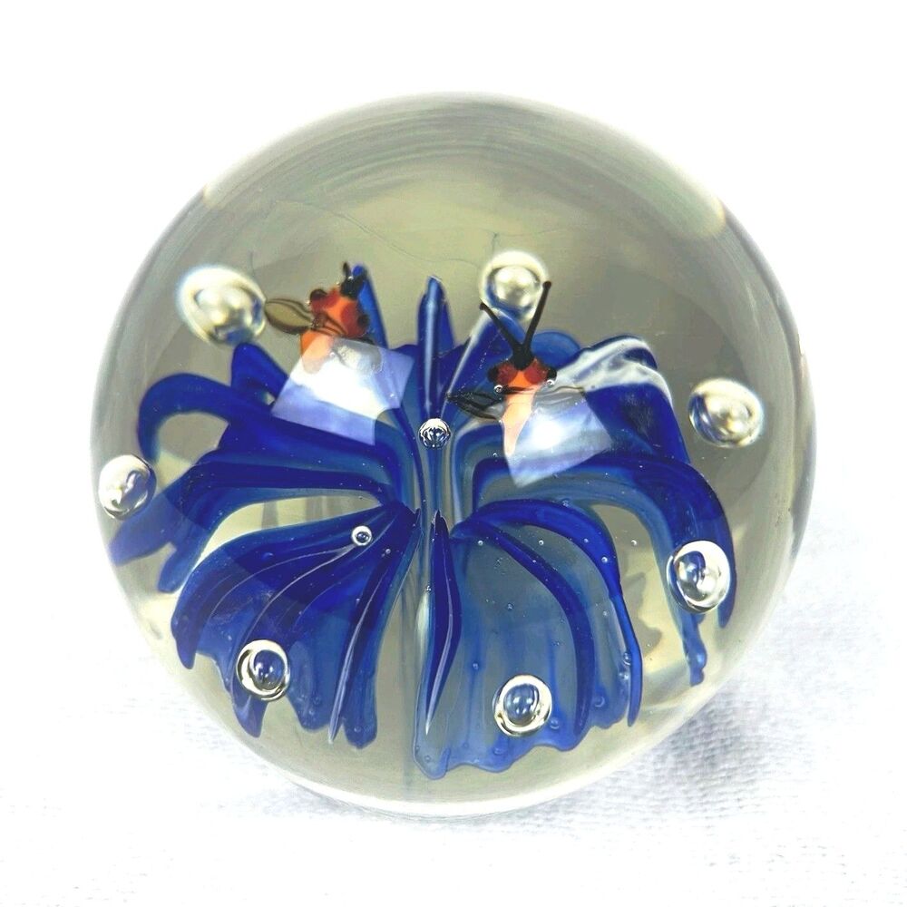 Unmarked Art Glass Paperweight Clear Blue Floral Flower Decorative Design